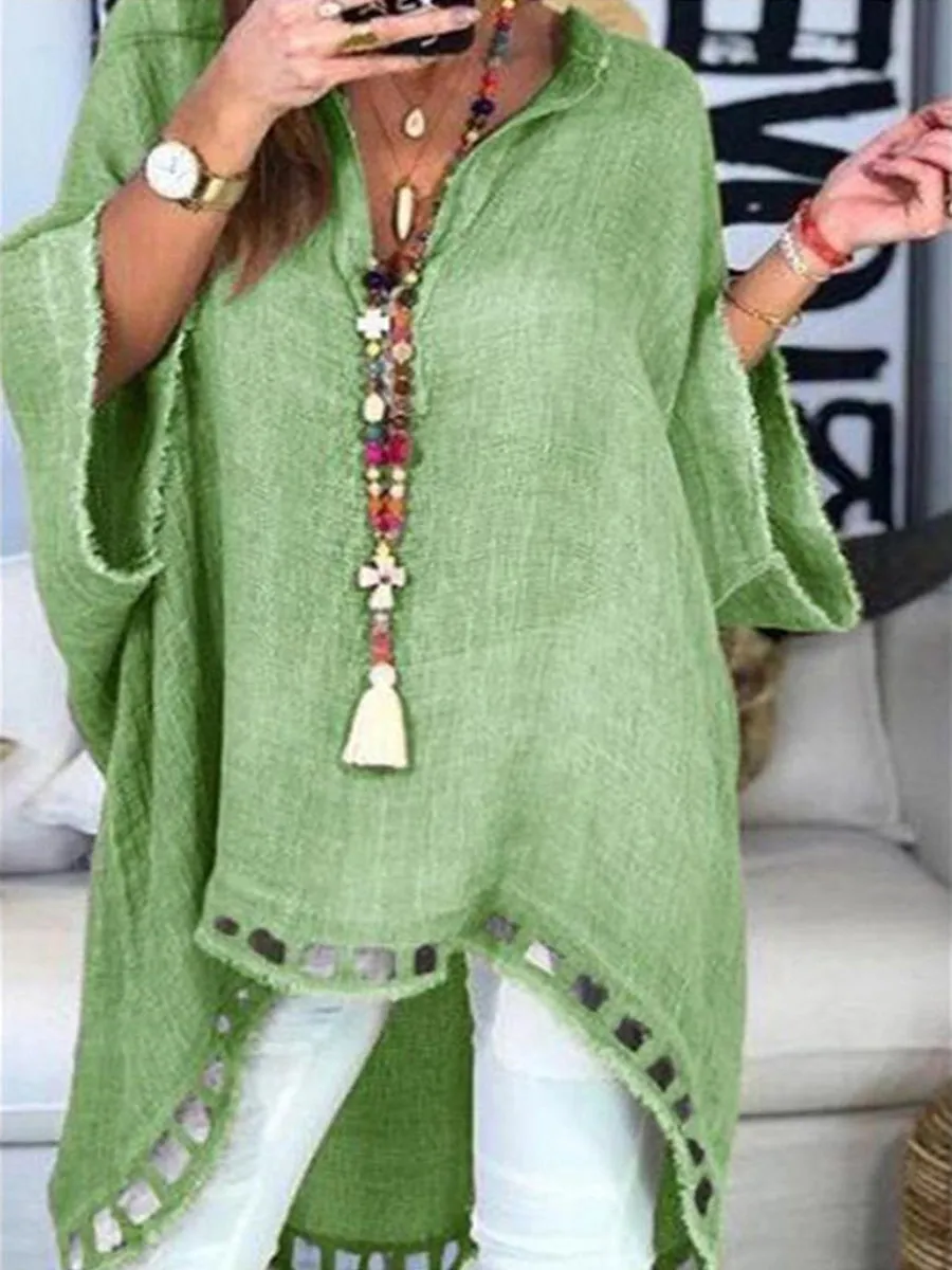 Women's Irregular Long-sleeved Solid Color Blouses Loose Top