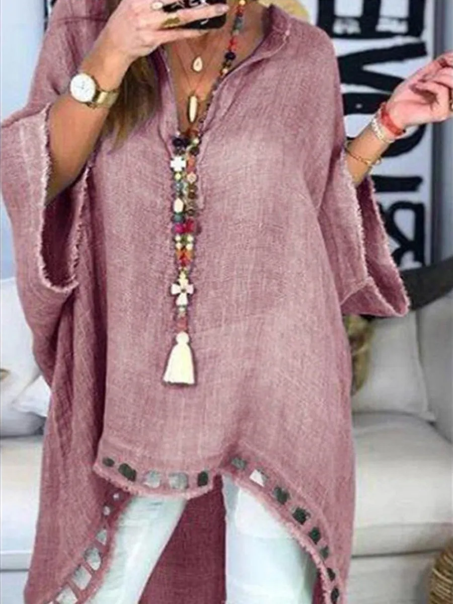Women's Irregular Long-sleeved Solid Color Blouses Loose Top