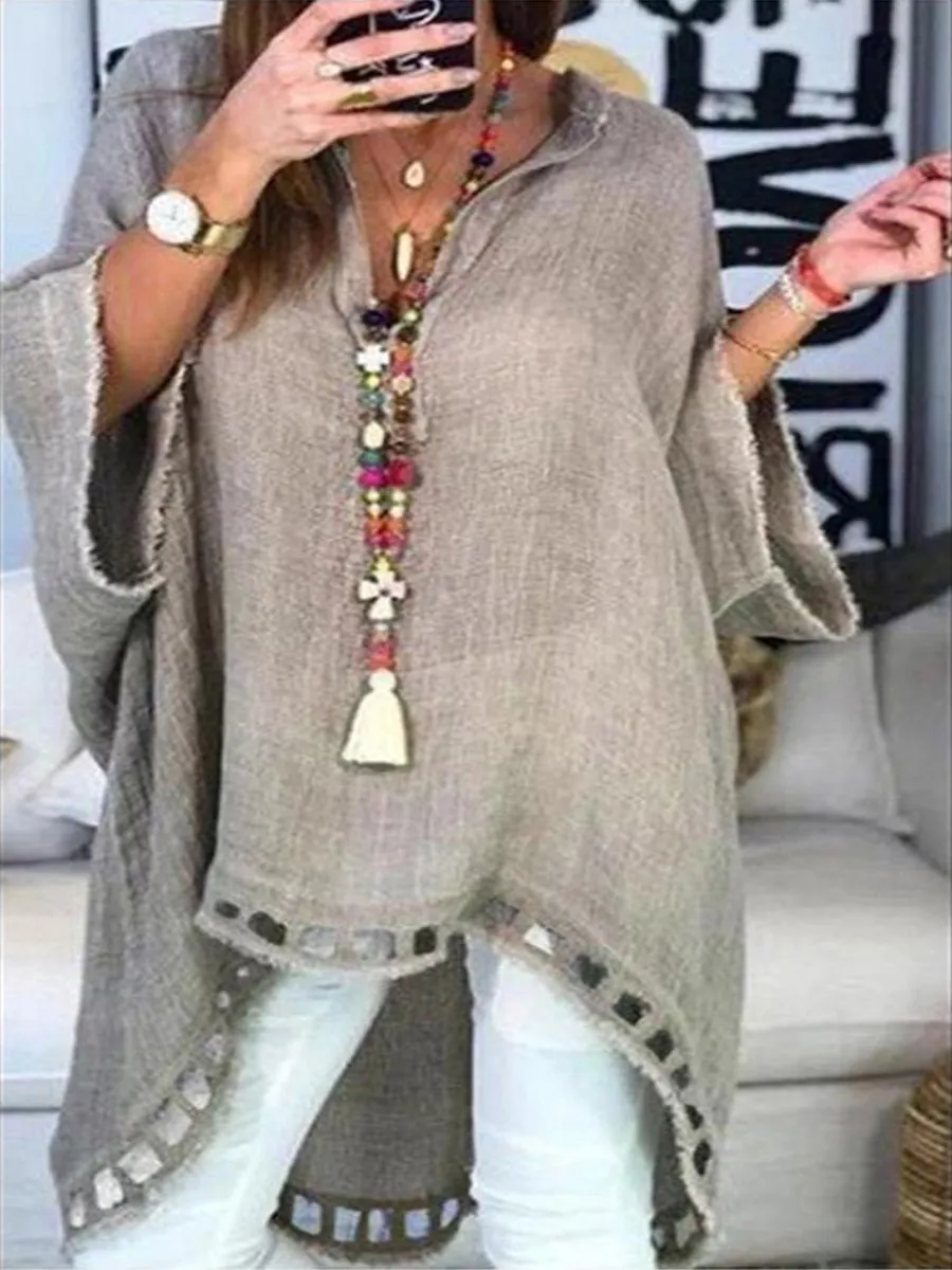 Women's Irregular Long-sleeved Solid Color Blouses Loose Top