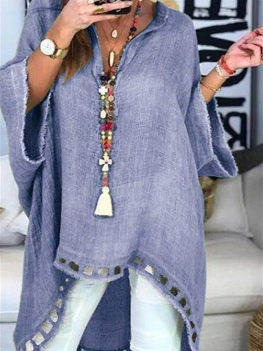 Women's Irregular Long-sleeved Solid Color Blouses Loose Top