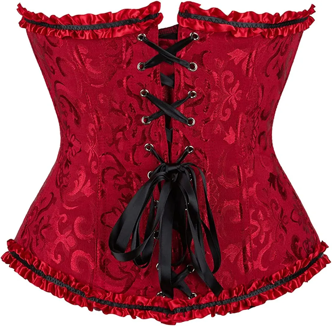 Women's Lace Up Boned Overbust Corset Bustier Bodyshaper Top