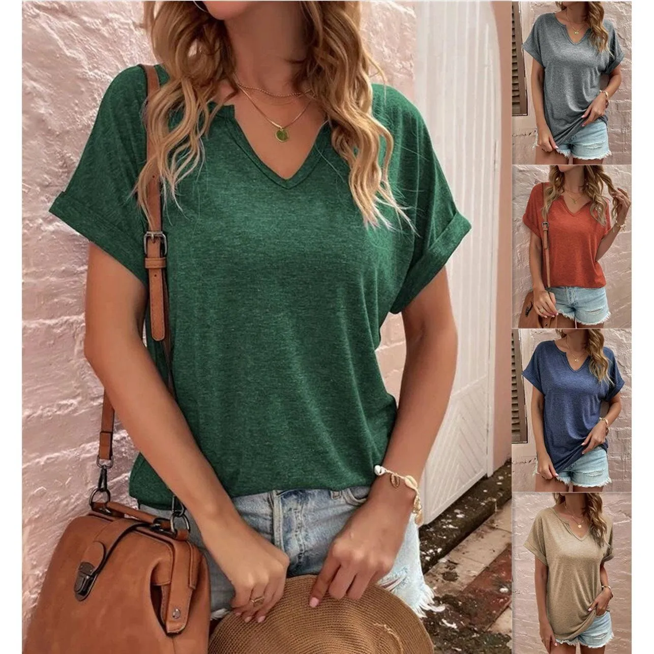 Women's New Solid Neckline Loose Short Sleeve T-shirt