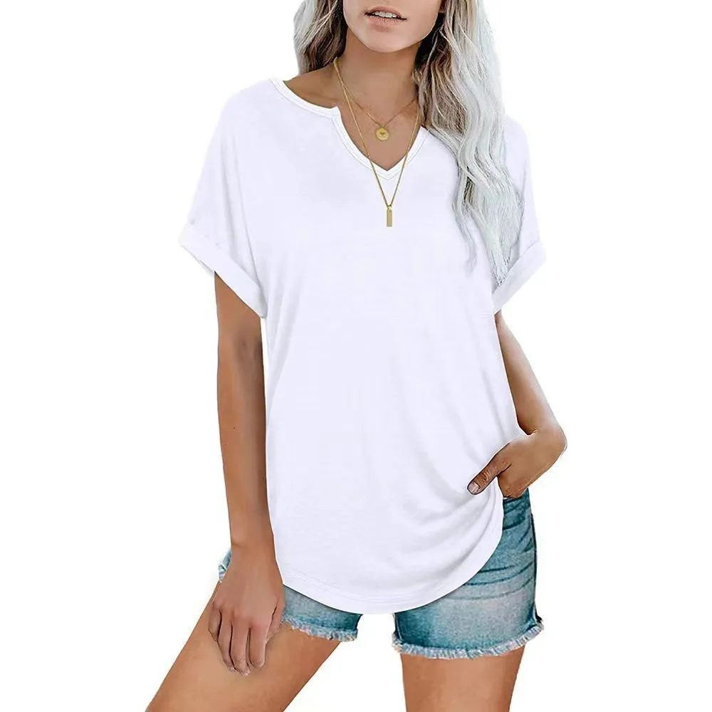 Women's New Solid Neckline Loose Short Sleeve T-shirt