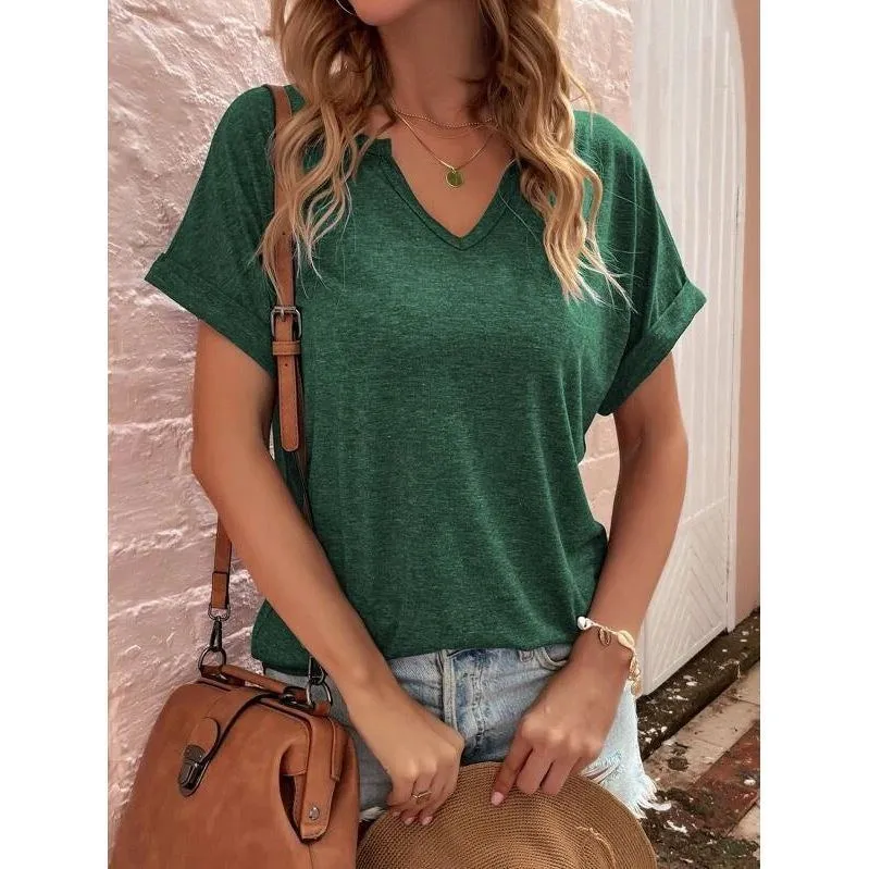 Women's New Solid Neckline Loose Short Sleeve T-shirt