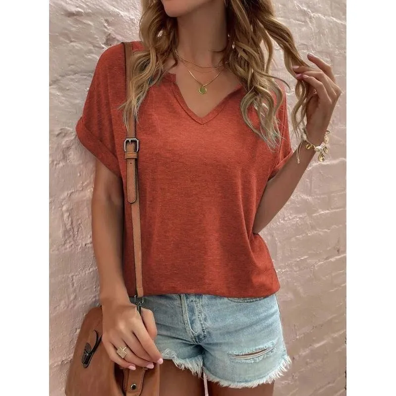 Women's New Solid Neckline Loose Short Sleeve T-shirt