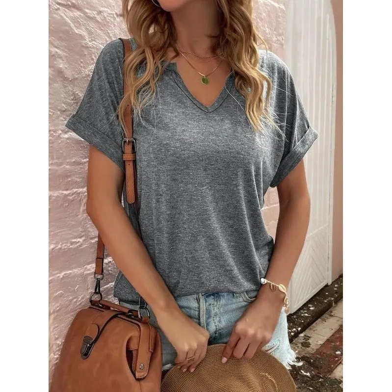 Women's New Solid Neckline Loose Short Sleeve T-shirt