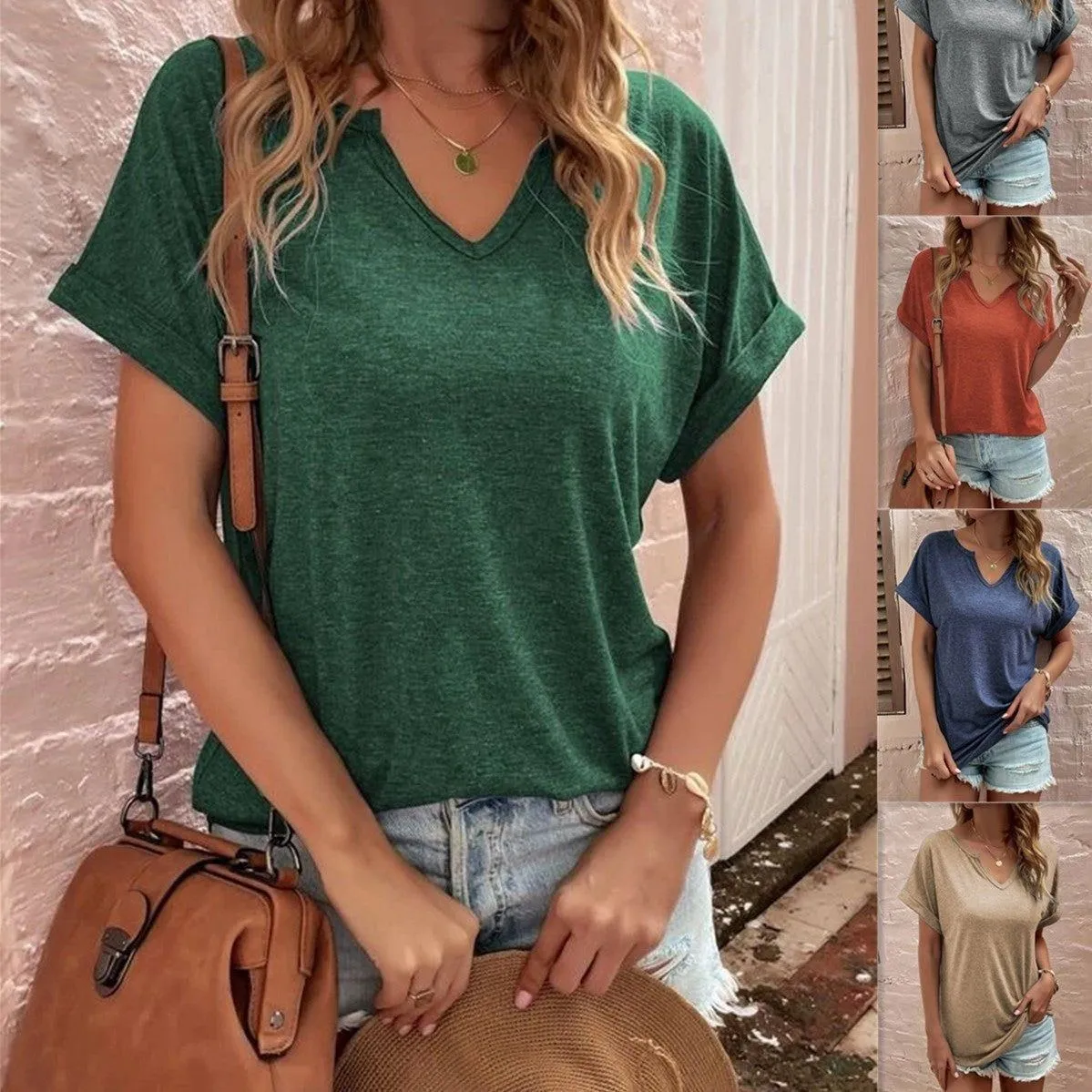 Women's New Solid Neckline Loose Short Sleeve T-shirt