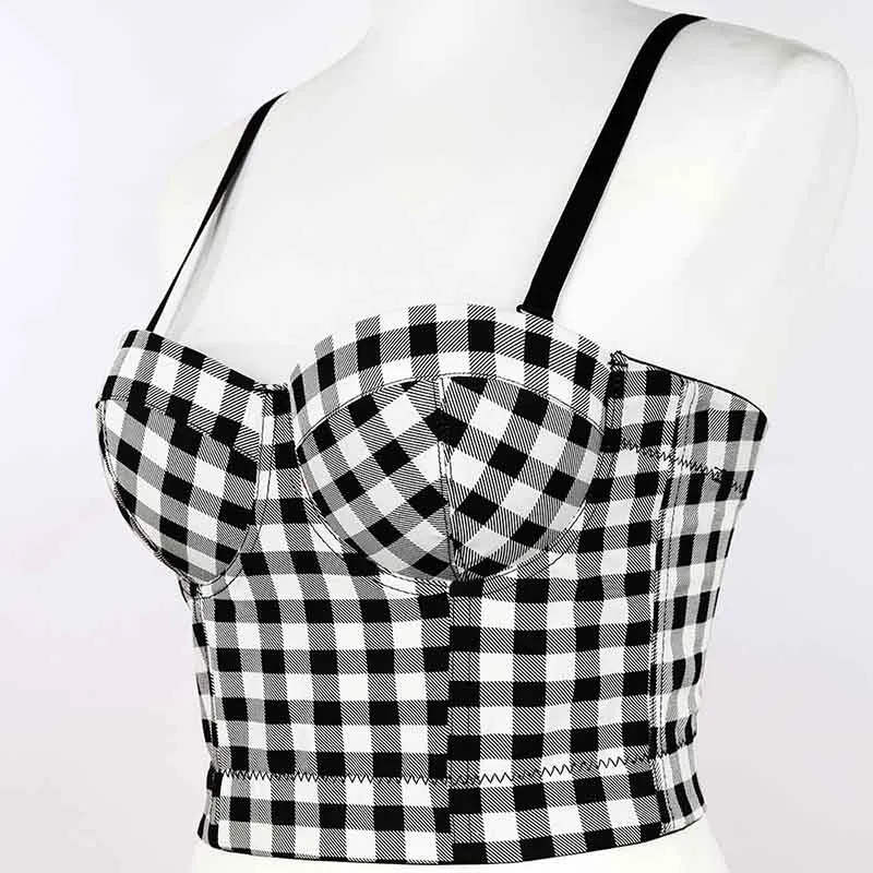 Women's Night Out Spaghetti Straps Bra Party Checkered Tank Top
