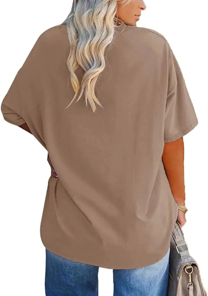 Women's Plus Size V Neck T Shirts Summer Half Sleeve Tees Casual Loose Fit Cotton Tunic Tops XX-Large Plus Khaki