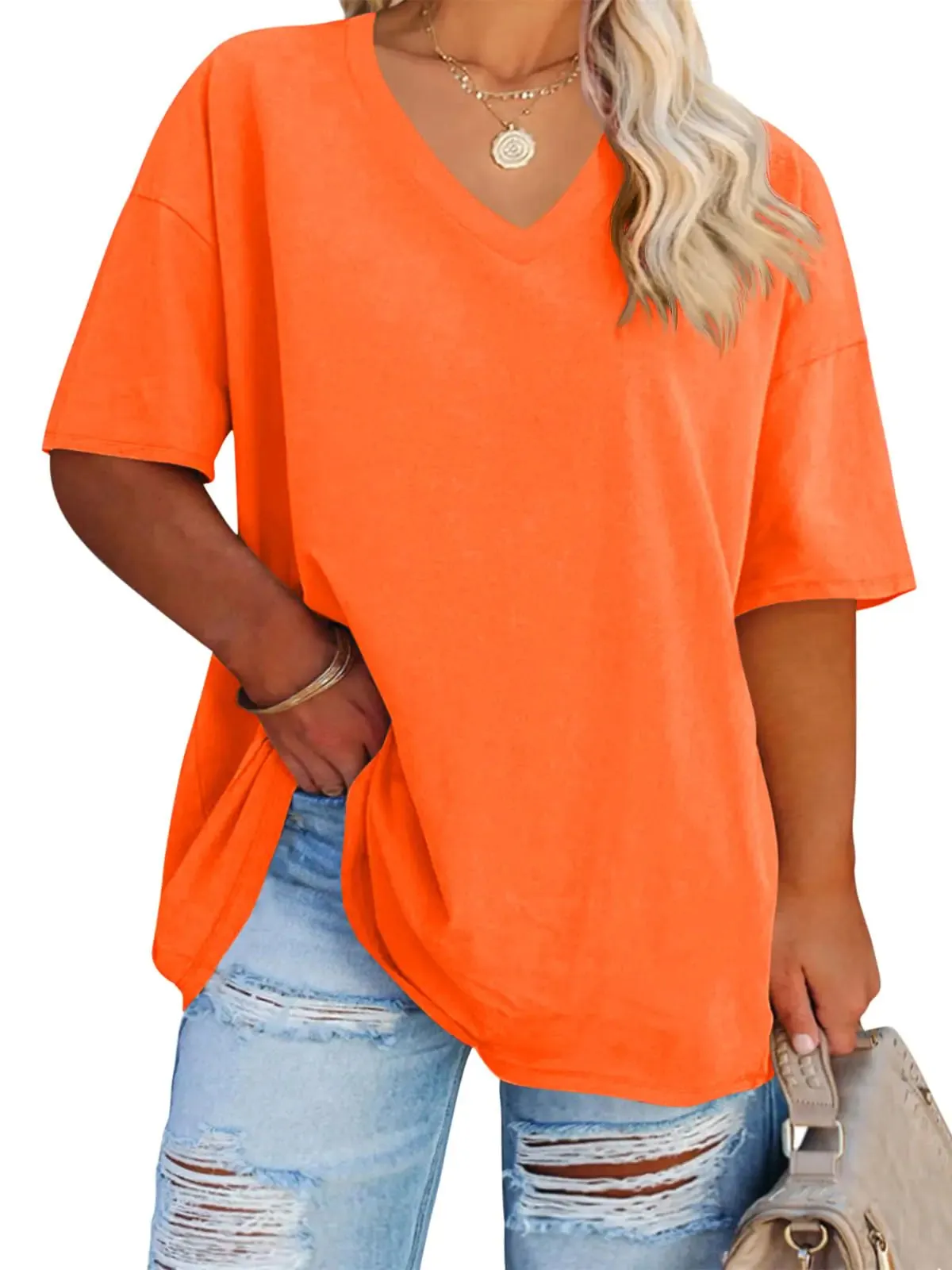 Women's Plus Size V Neck T Shirts Summer Half Sleeve Tees Casual Loose Fit Cotton Tunic Tops XX-Large Plus Khaki