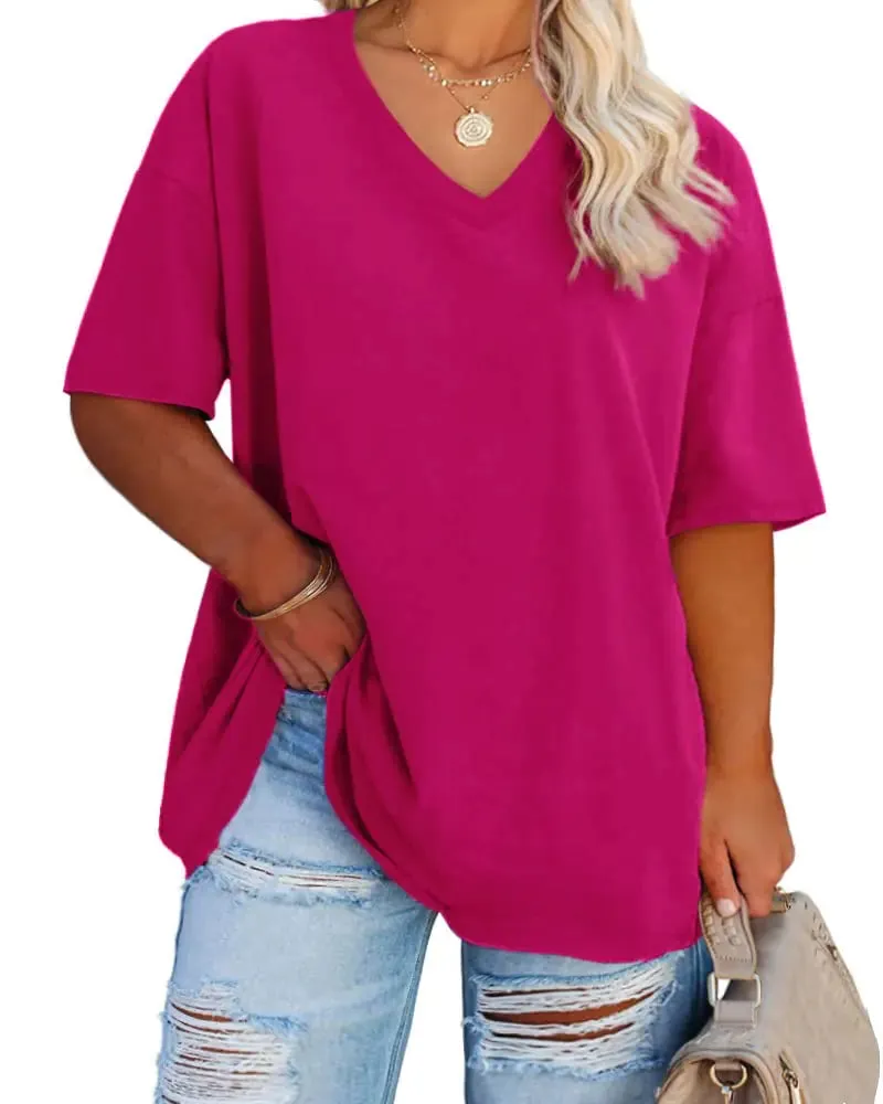 Women's Plus Size V Neck T Shirts Summer Half Sleeve Tees Casual Loose Fit Cotton Tunic Tops XX-Large Plus Khaki