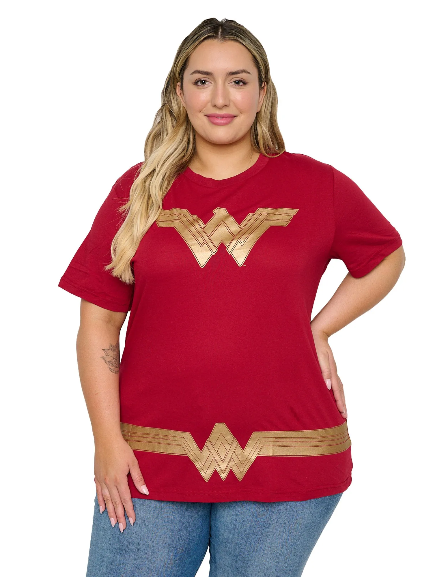 Women's Plus Size Wonder Woman Costume T-Shirt Red Gold Dress Up Tee DC Comics