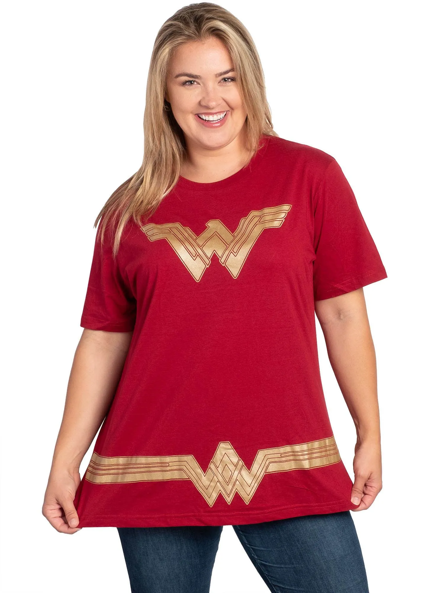 Women's Plus Size Wonder Woman Costume T-Shirt Red Gold Dress Up Tee DC Comics