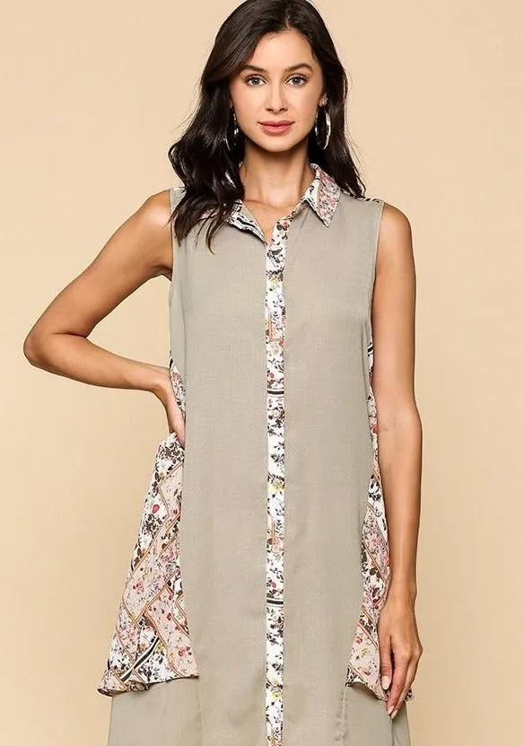 Women's Print Button Down Swing Collared Dress, Khaki
