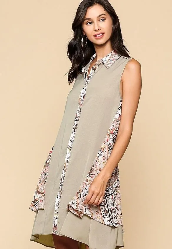 Women's Print Button Down Swing Collared Dress, Khaki