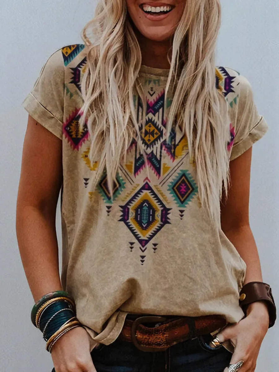 Women's Printed Pullover Loose Round Neck T-shirt Casual Top