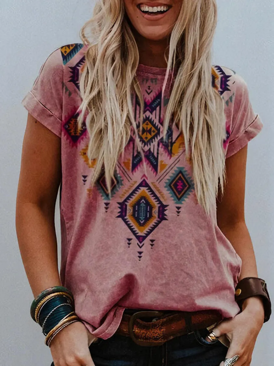 Women's Printed Pullover Loose Round Neck T-shirt Casual Top