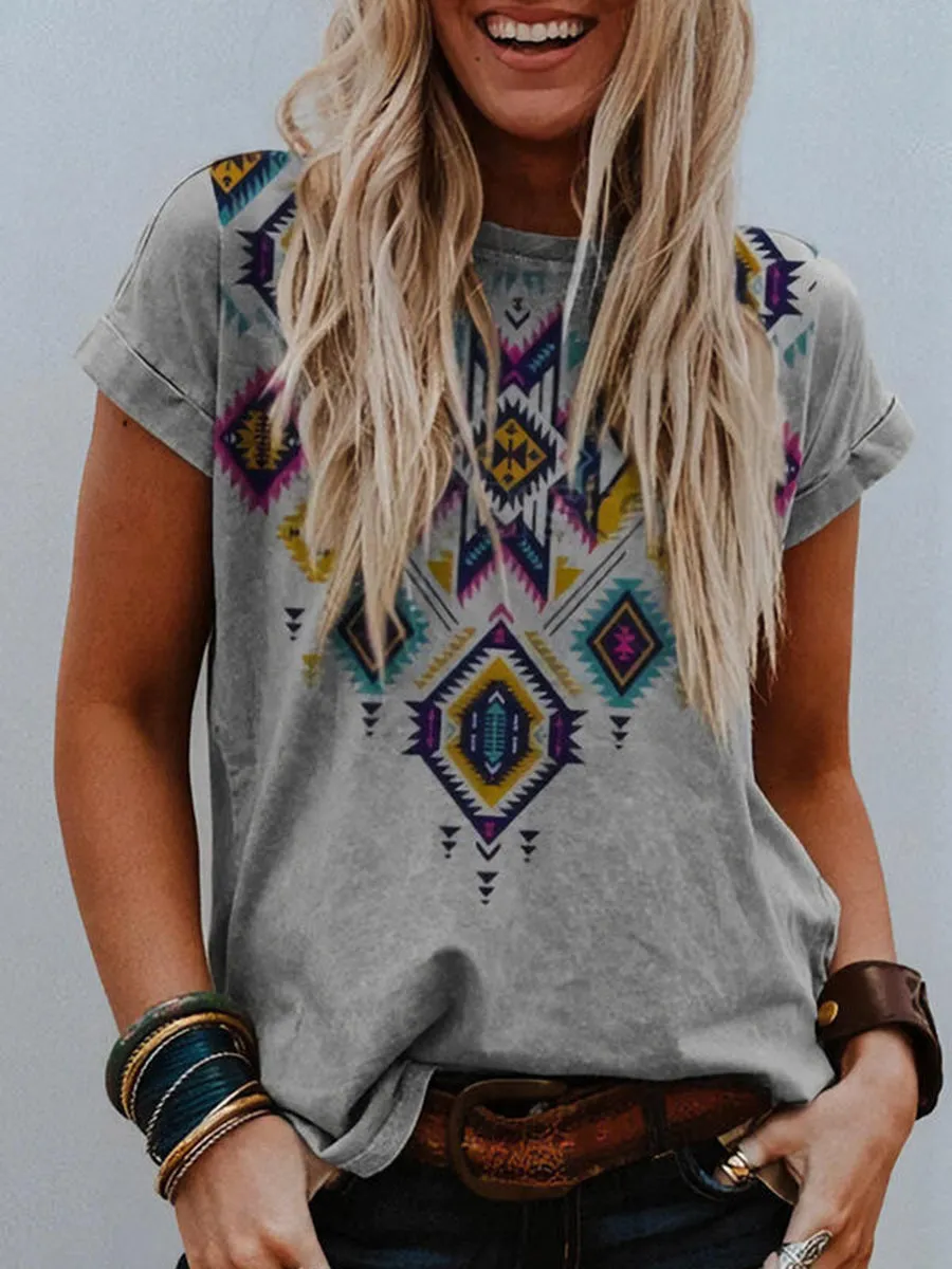 Women's Printed Pullover Loose Round Neck T-shirt Casual Top