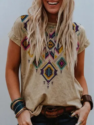 Women's Printed Pullover Loose Round Neck T-shirt Casual Top