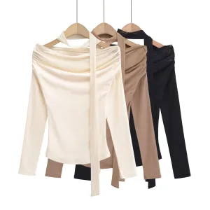 Women's Ribbon Mesh Stitching Off-shoulder Long-sleeve T-shirt