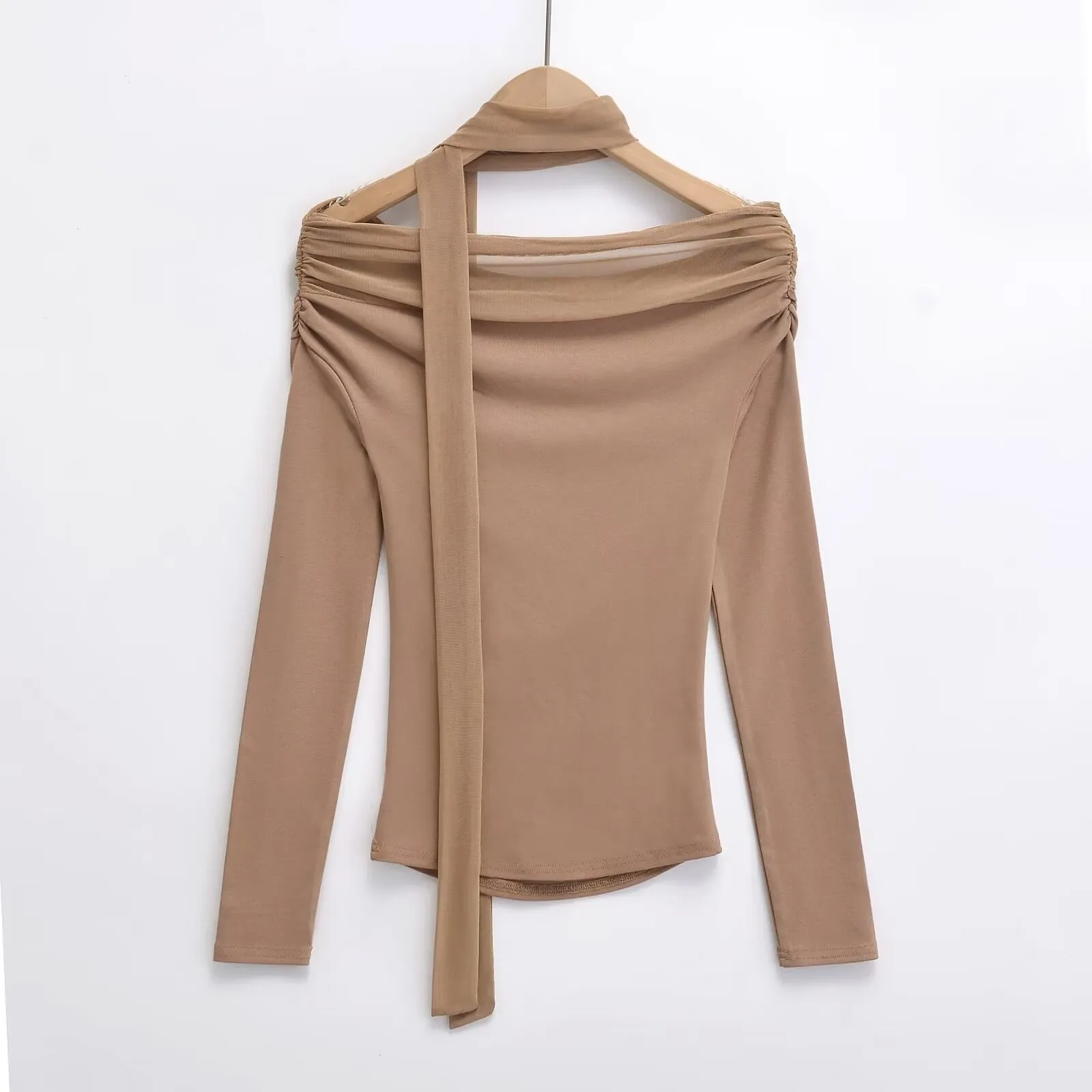 Women's Ribbon Mesh Stitching Off-shoulder Long-sleeve T-shirt