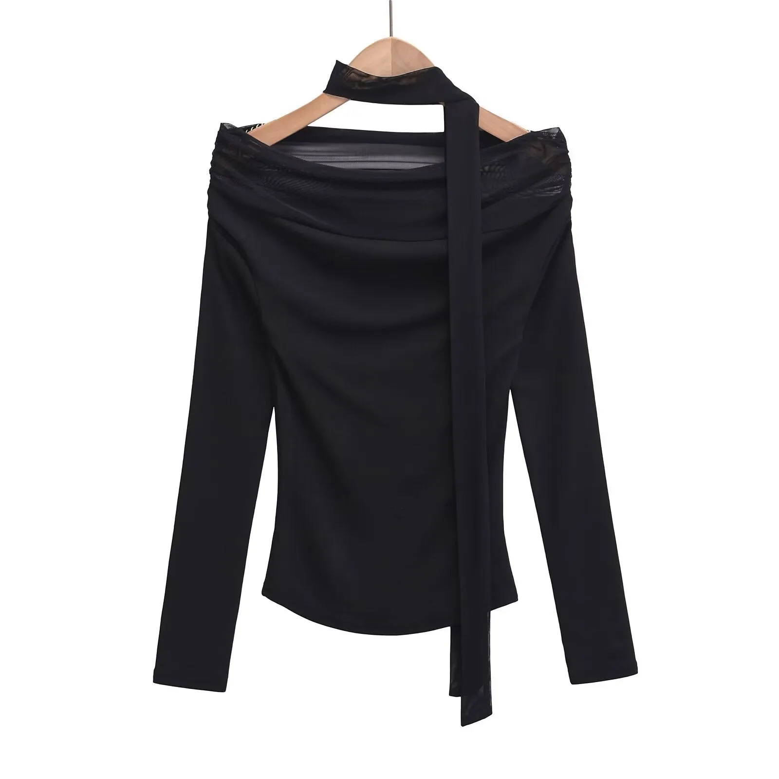 Women's Ribbon Mesh Stitching Off-shoulder Long-sleeve T-shirt