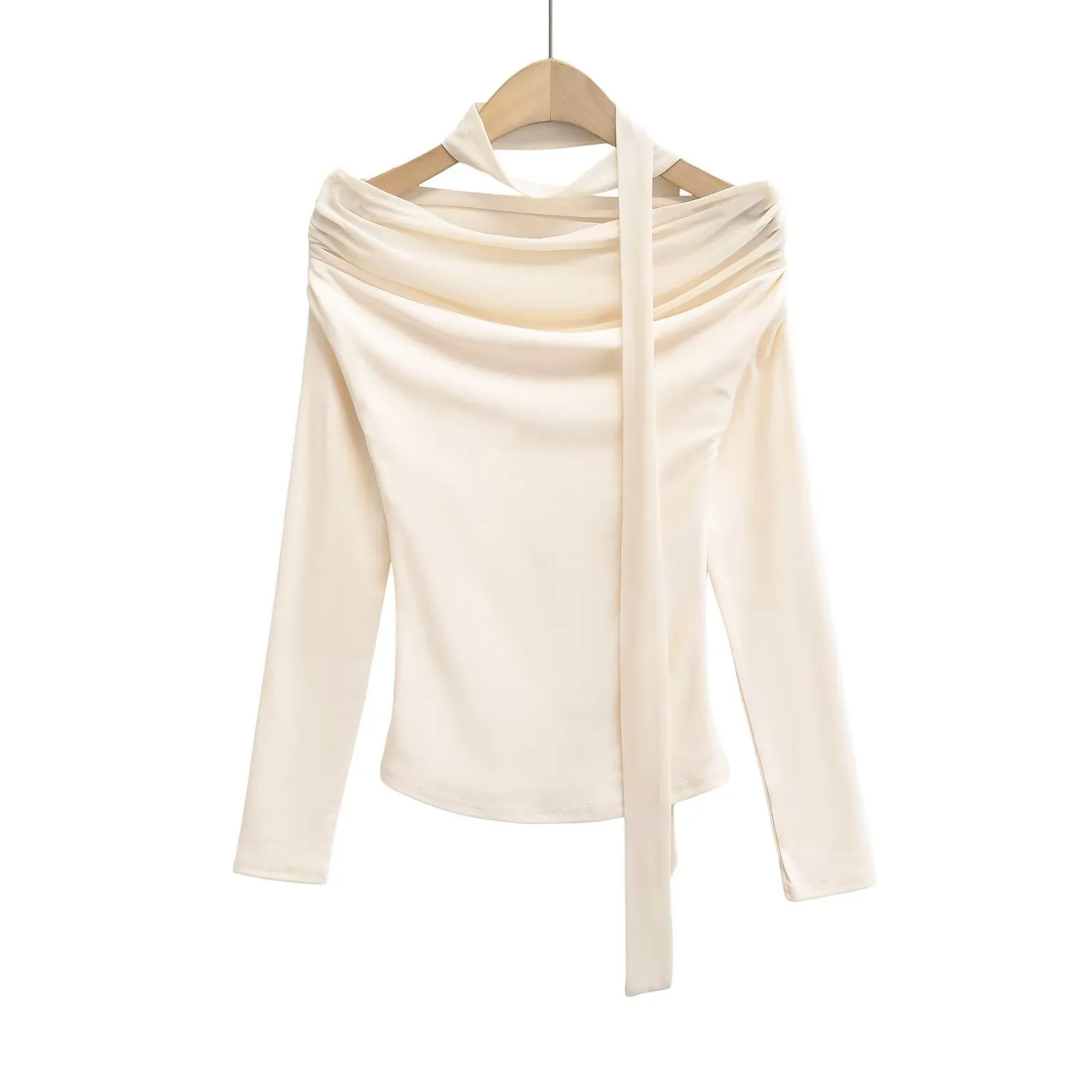 Women's Ribbon Mesh Stitching Off-shoulder Long-sleeve T-shirt