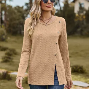 Women's Round Neck Button Split T-shirt Top