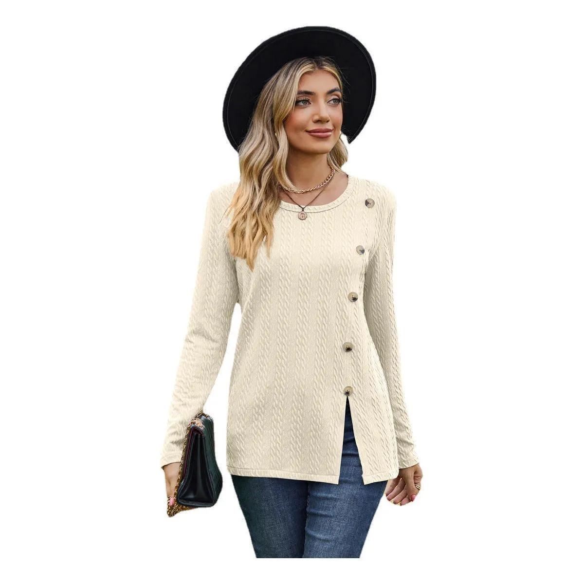 Women's Round Neck Button Split T-shirt Top