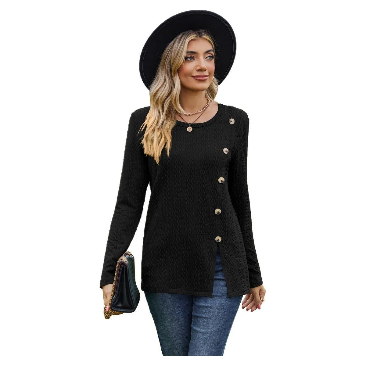 Women's Round Neck Button Split T-shirt Top