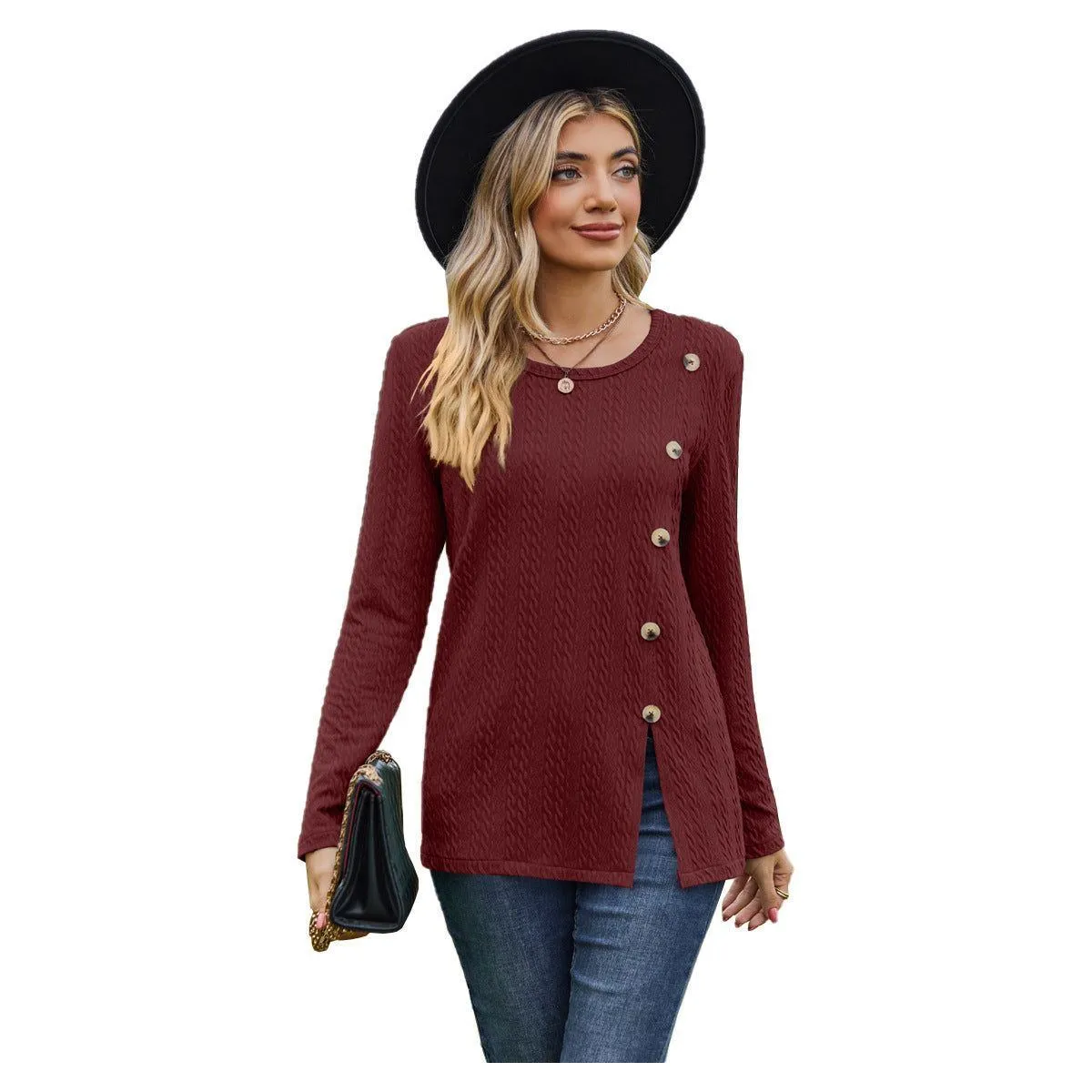 Women's Round Neck Button Split T-shirt Top