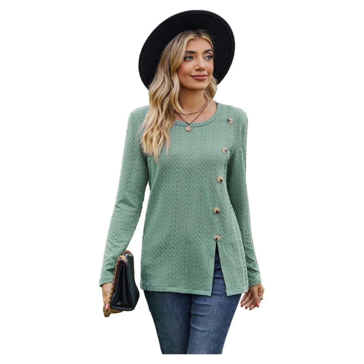 Women's Round Neck Button Split T-shirt Top