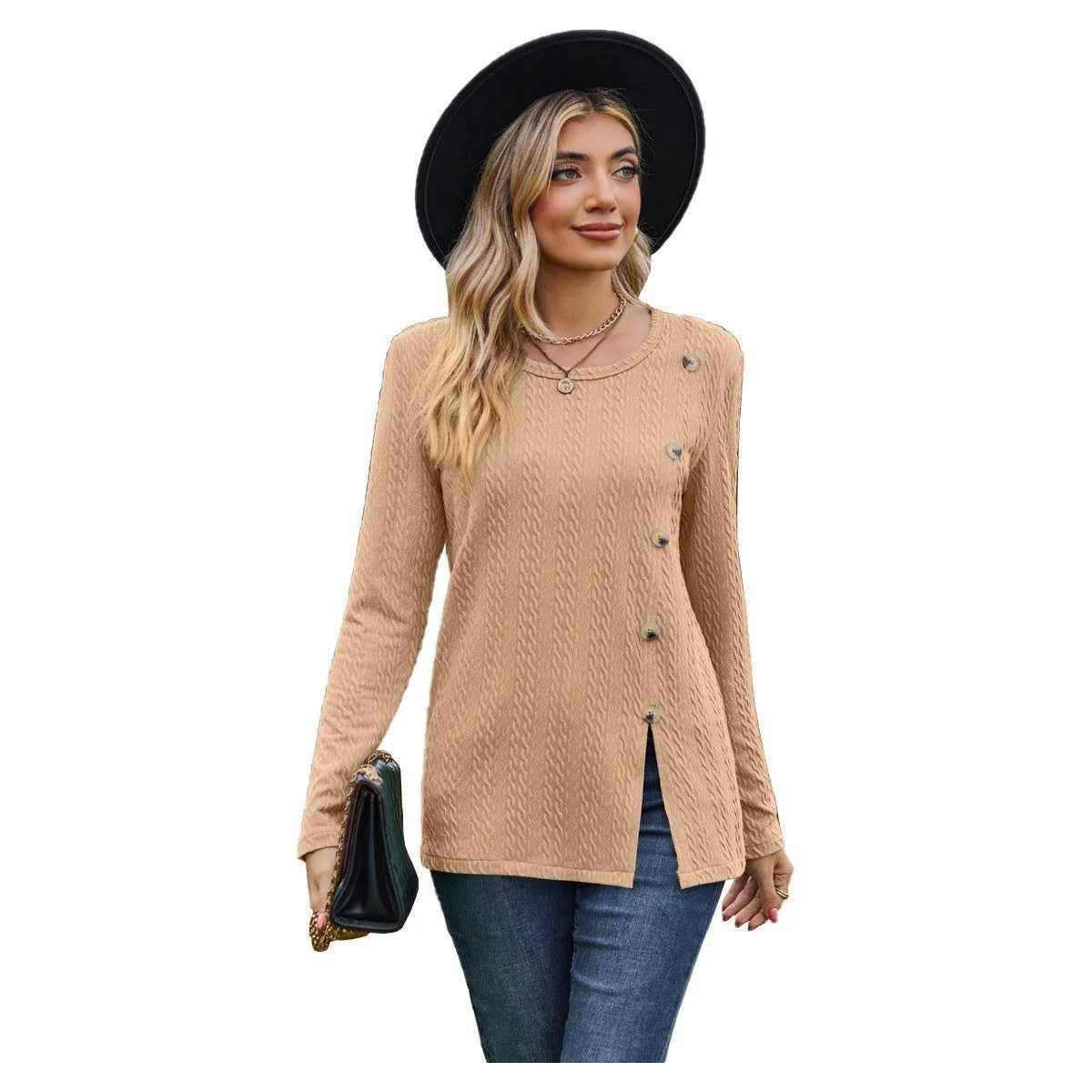 Women's Round Neck Button Split T-shirt Top