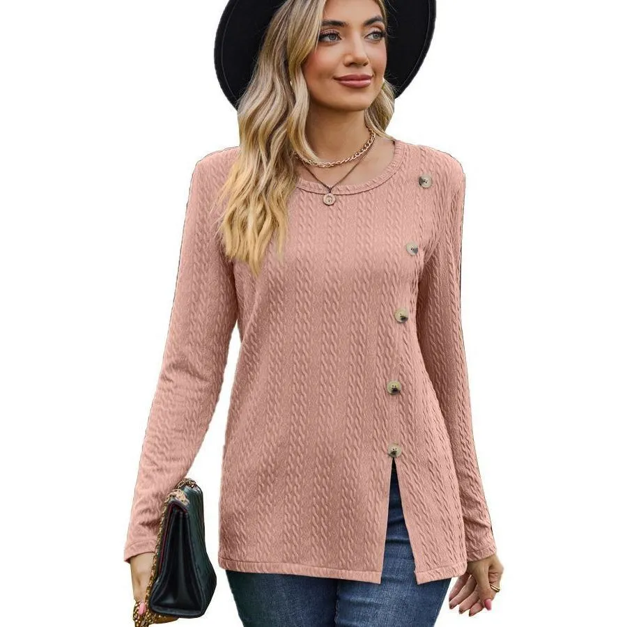 Women's Round Neck Button Split T-shirt Top
