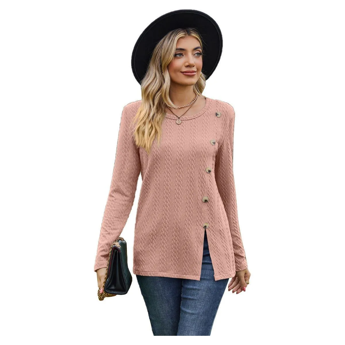Women's Round Neck Button Split T-shirt Top