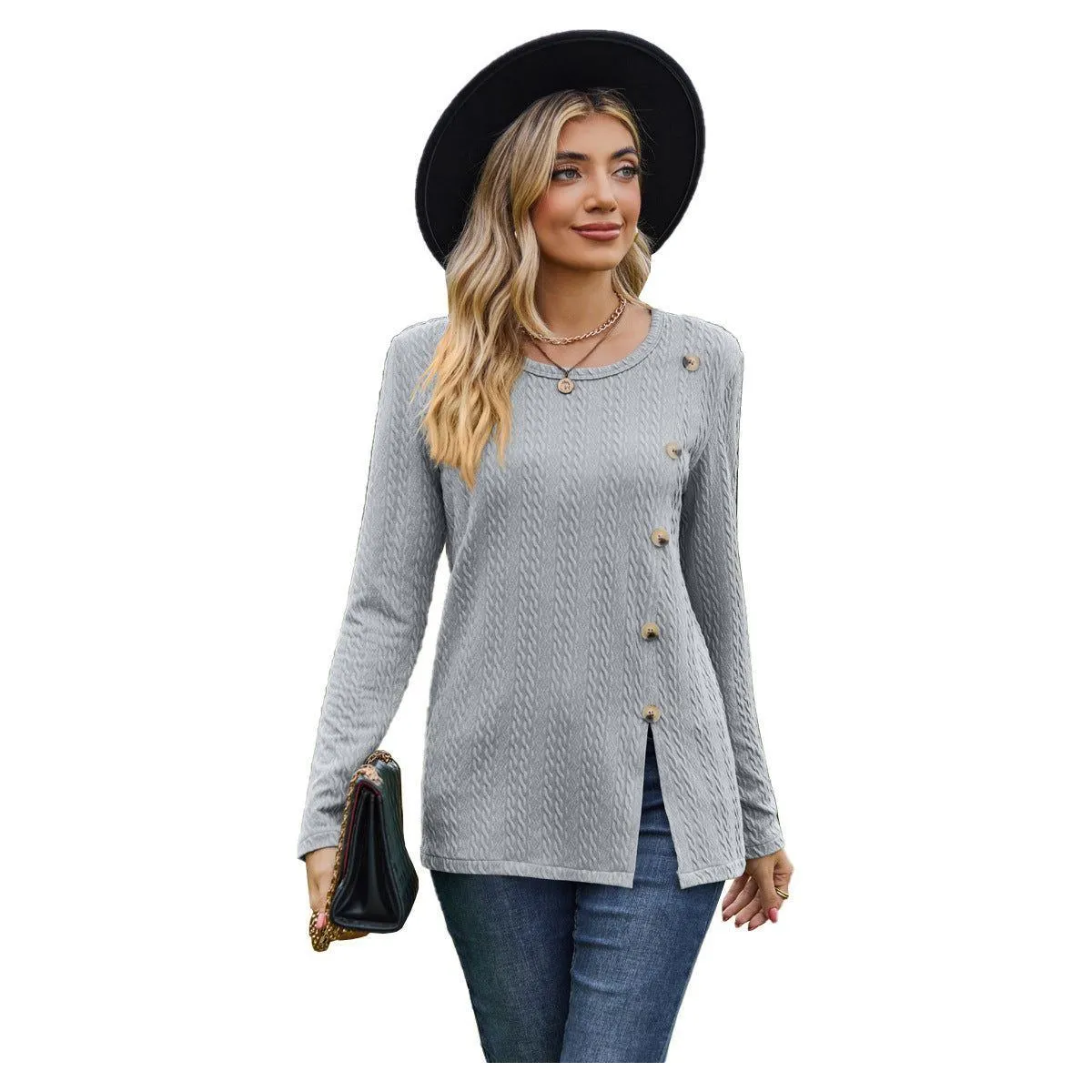 Women's Round Neck Button Split T-shirt Top