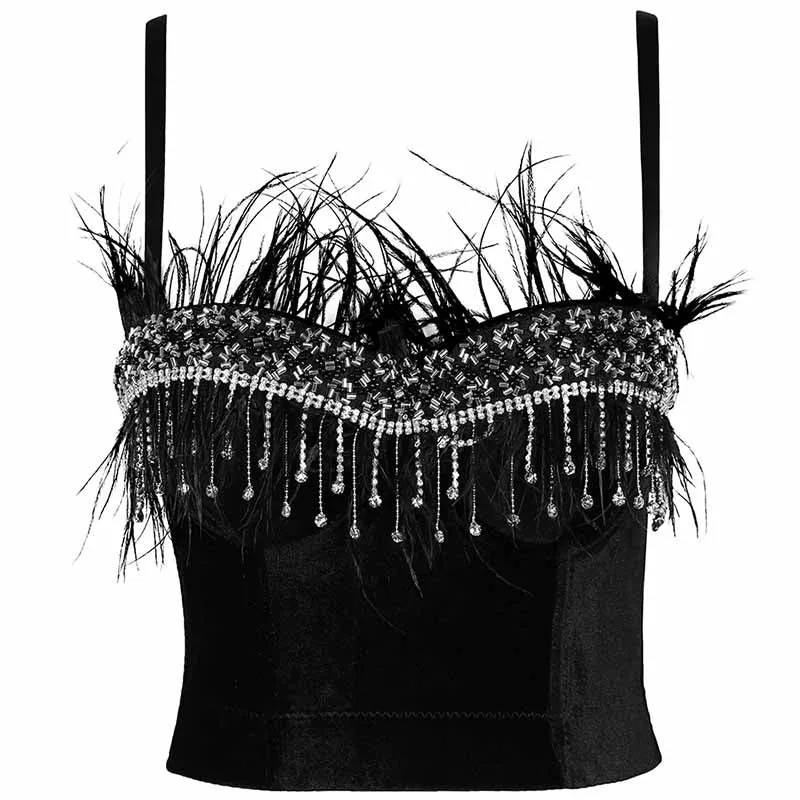 Women's sexy bustier push up crop top club party corset top bra with feather