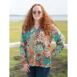 Women's Shana Apparel Printed Button Down Shirt Green Multi