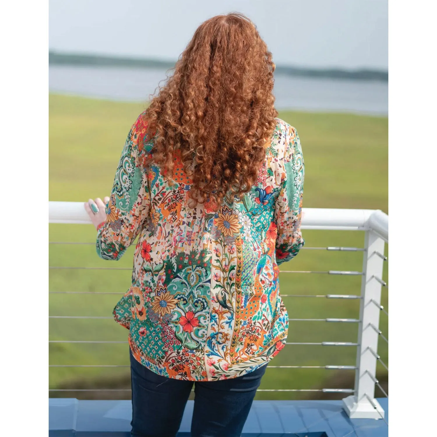 Women's Shana Apparel Printed Button Down Shirt Green Multi