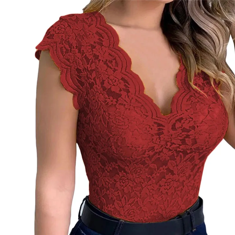 Women's Slim Lace V-Neck Top Sexy T-Shirt Elegant Summer Short Sleeve Flower Lace Hollow Out Tops T-Shirts