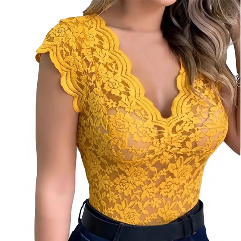 Women's Slim Lace V-Neck Top Sexy T-Shirt Elegant Summer Short Sleeve Flower Lace Hollow Out Tops T-Shirts