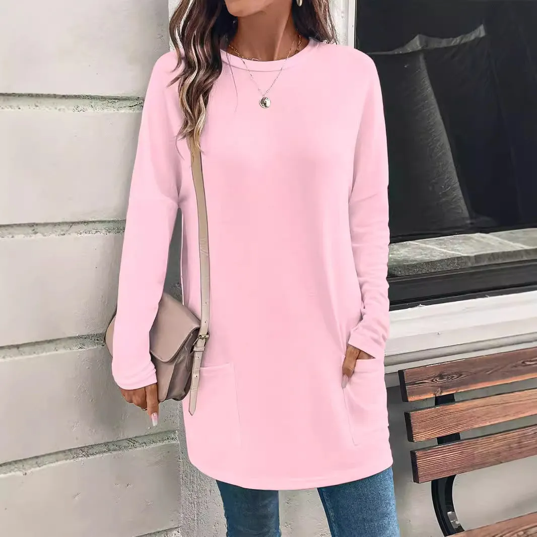 Women's Solid Color Long Sleeve Loose Round Neck Pocket Top T-shirt