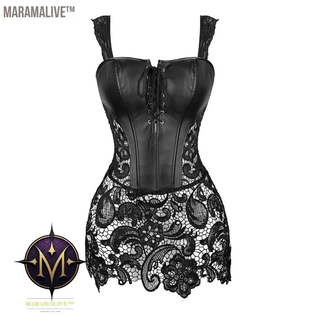 Women's Steampunk Gothic Overbust Corset Dress Lace Up Zipper Back Punk Faux Leather Bustier Lingerie Plus Size