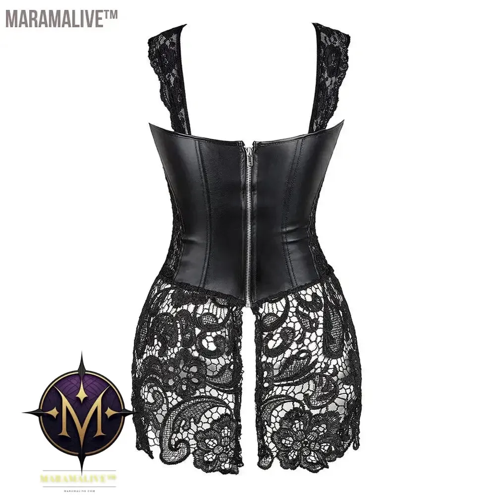 Women's Steampunk Gothic Overbust Corset Dress Lace Up Zipper Back Punk Faux Leather Bustier Lingerie Plus Size