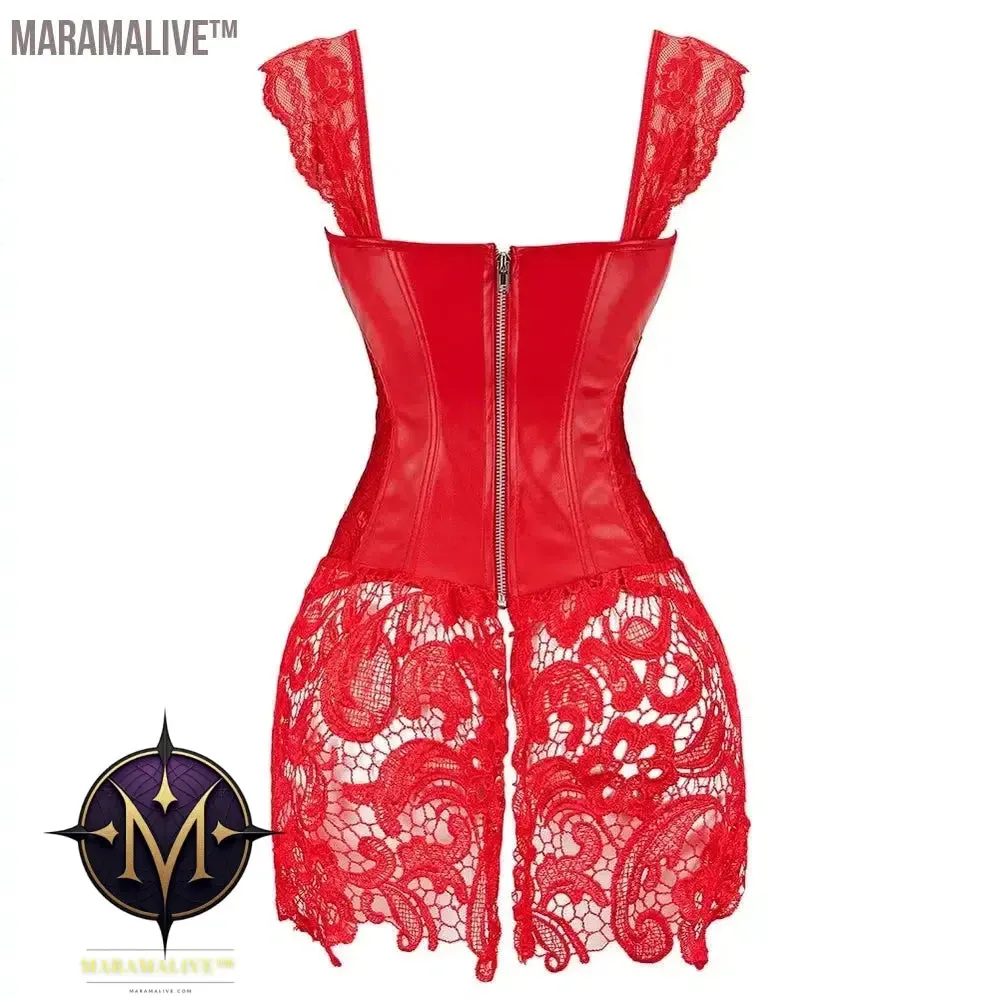 Women's Steampunk Gothic Overbust Corset Dress Lace Up Zipper Back Punk Faux Leather Bustier Lingerie Plus Size