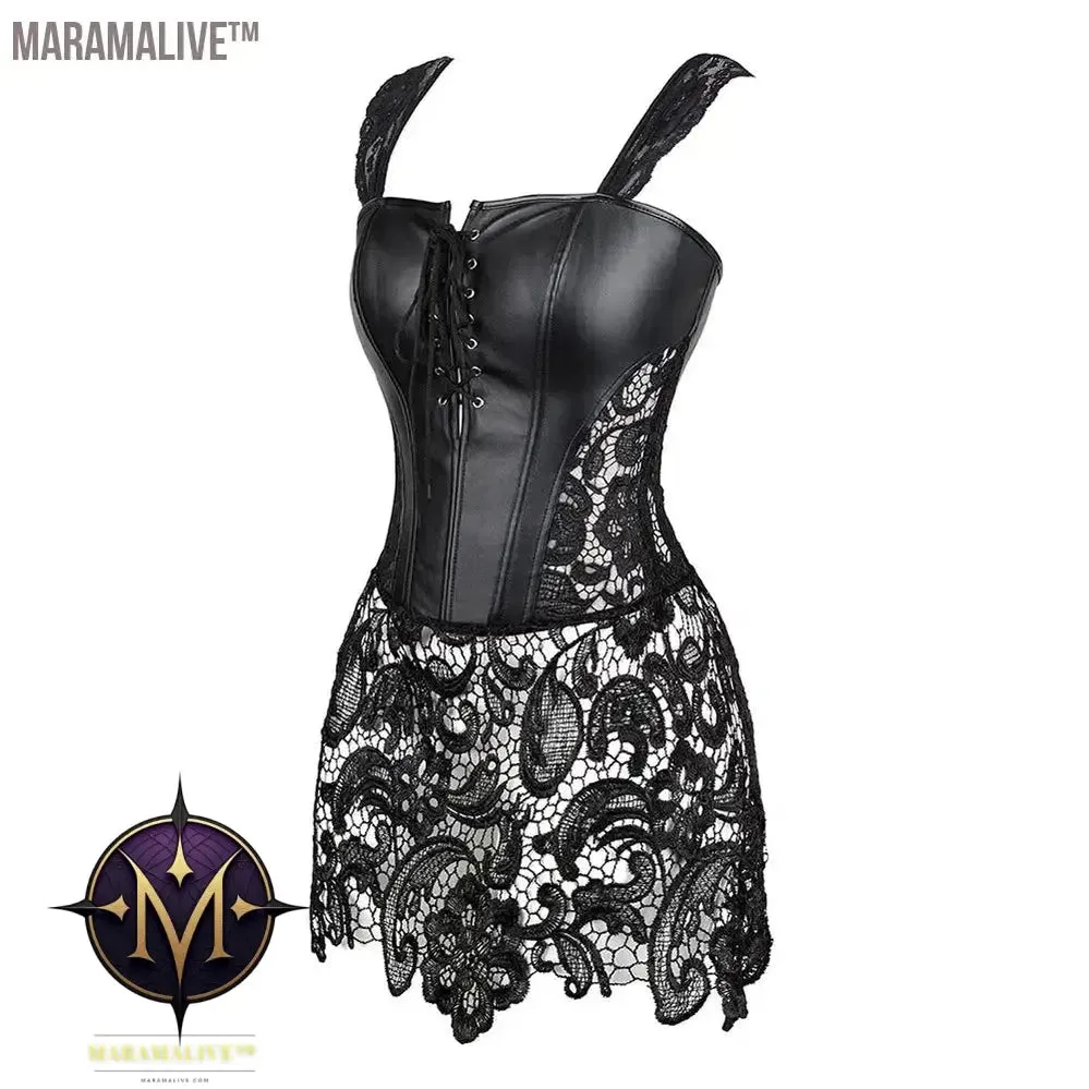 Women's Steampunk Gothic Overbust Corset Dress Lace Up Zipper Back Punk Faux Leather Bustier Lingerie Plus Size
