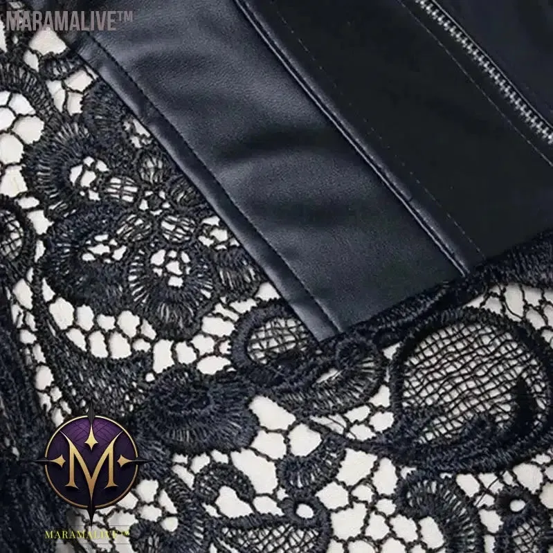 Women's Steampunk Gothic Overbust Corset Dress Lace Up Zipper Back Punk Faux Leather Bustier Lingerie Plus Size