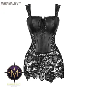 Women's Steampunk Gothic Overbust Corset Dress Lace Up Zipper Back Punk Faux Leather Bustier Lingerie Plus Size