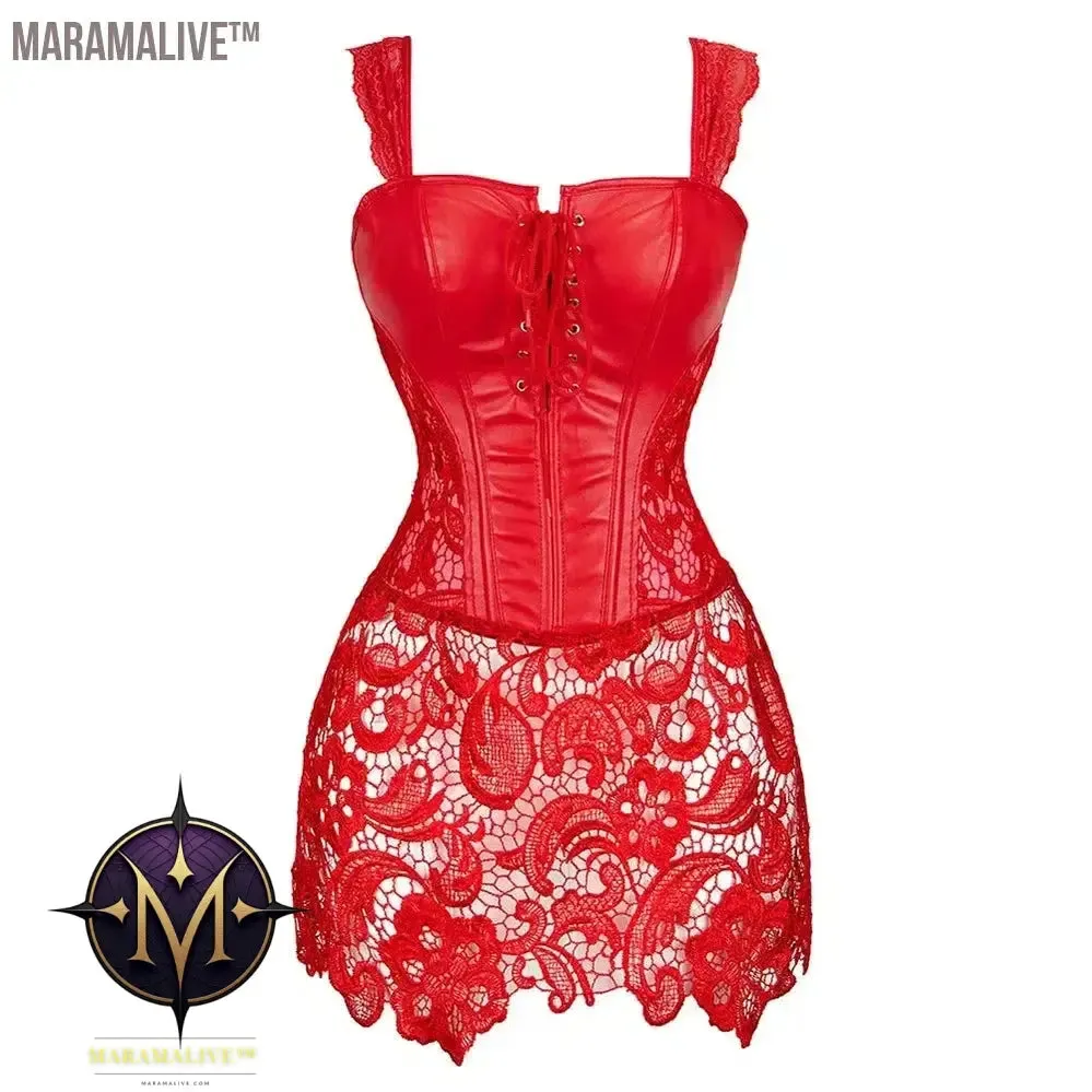 Women's Steampunk Gothic Overbust Corset Dress Lace Up Zipper Back Punk Faux Leather Bustier Lingerie Plus Size