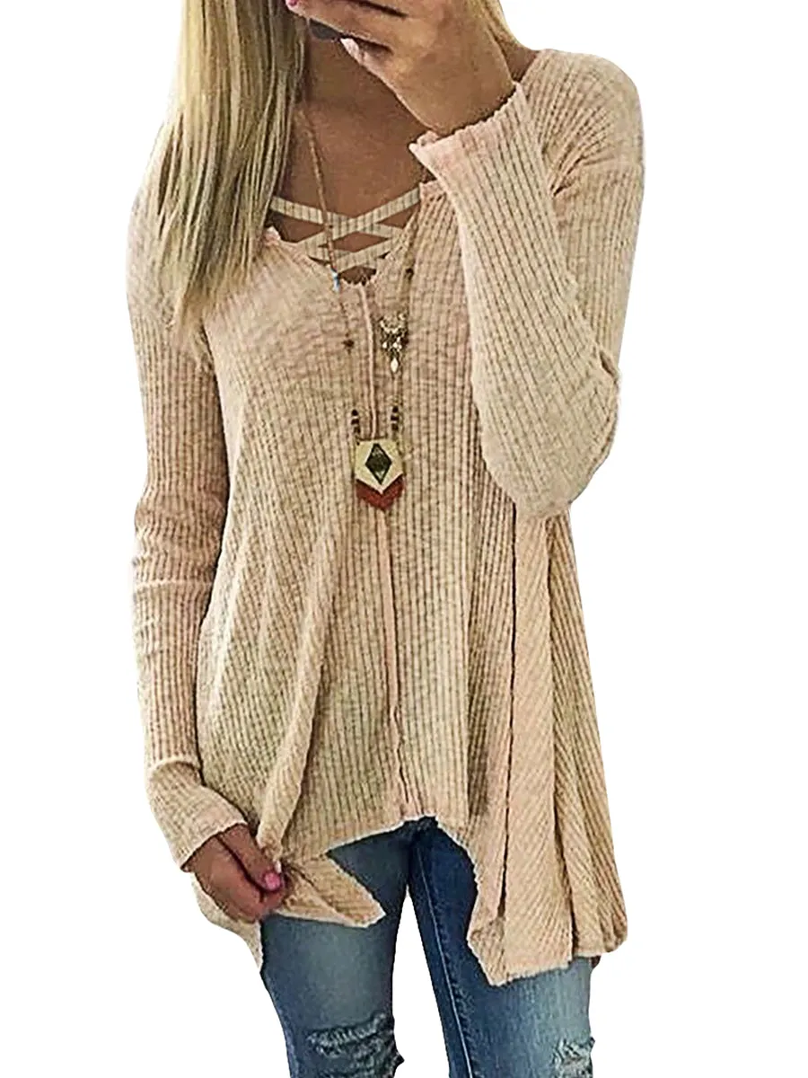 Women's V-neck Blouse Casual Loose Long Sleeve Tops